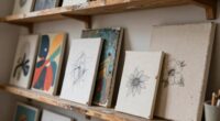 art displayed on shelves