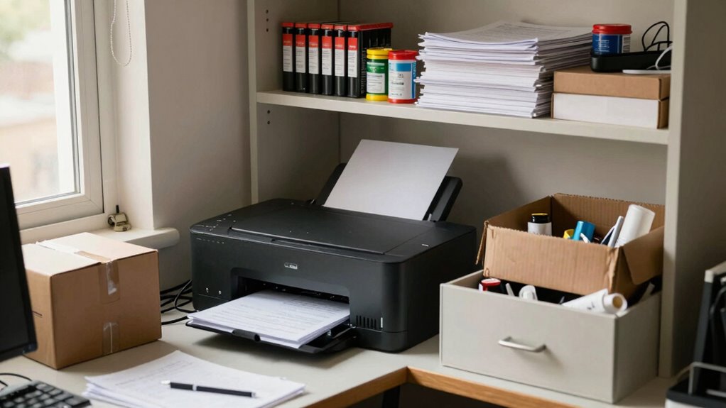 cluttered home office storage