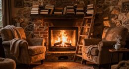 cozy fireplace reading nook
