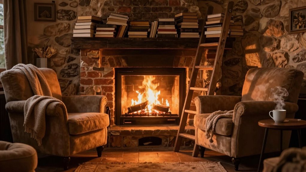 cozy fireplace reading nook