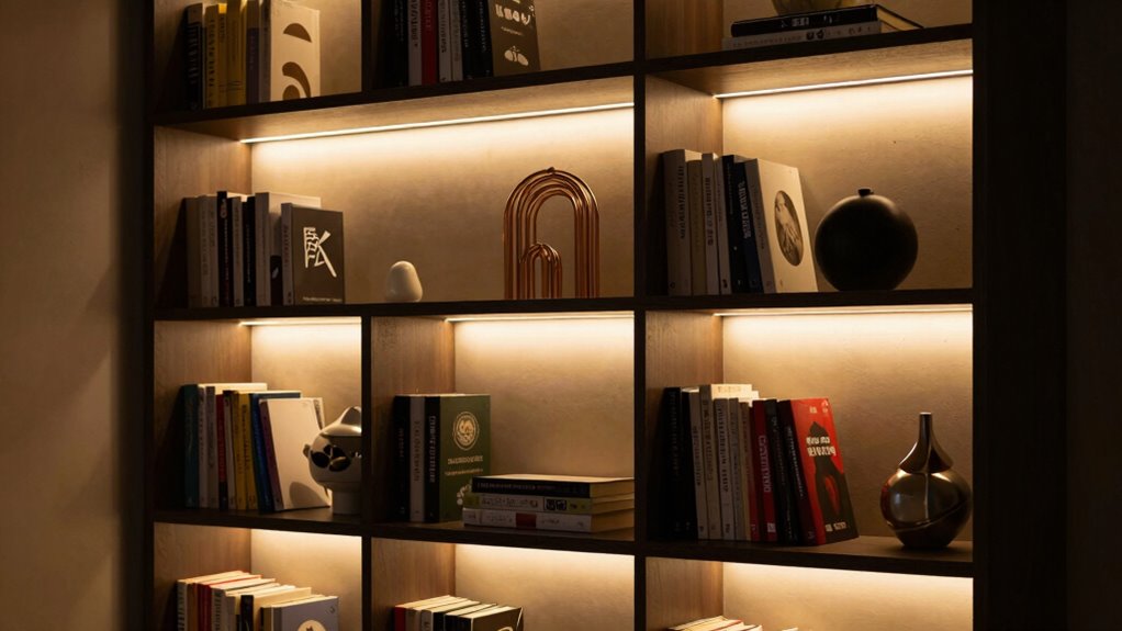 lighting enhances bookcase ambiance